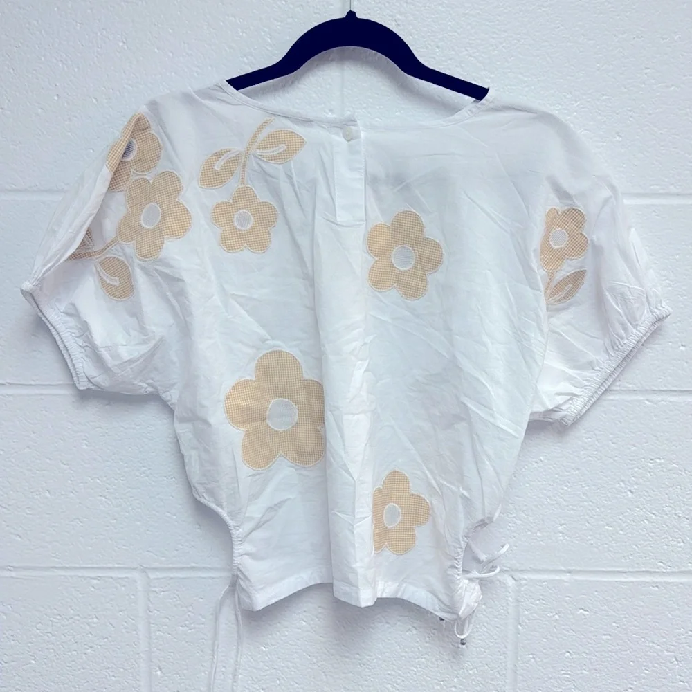 Madewell White and Yellow Crop Blouse with Puff Sleeves and Tie Front
